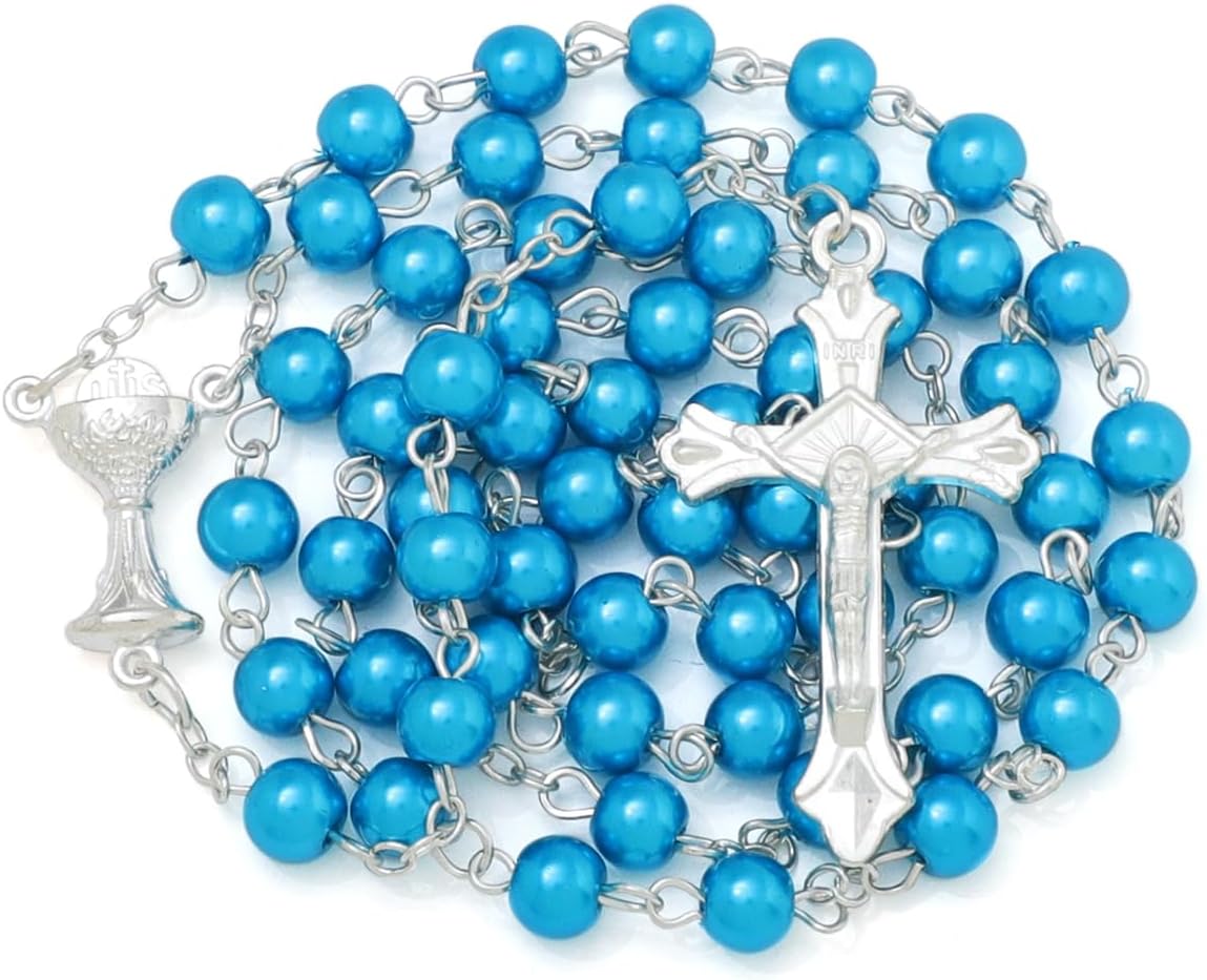 6mm Pearl Rosary Beads With Crucifix - Women's Catholic Prayer Necklace, Gift Box & Pouch Included