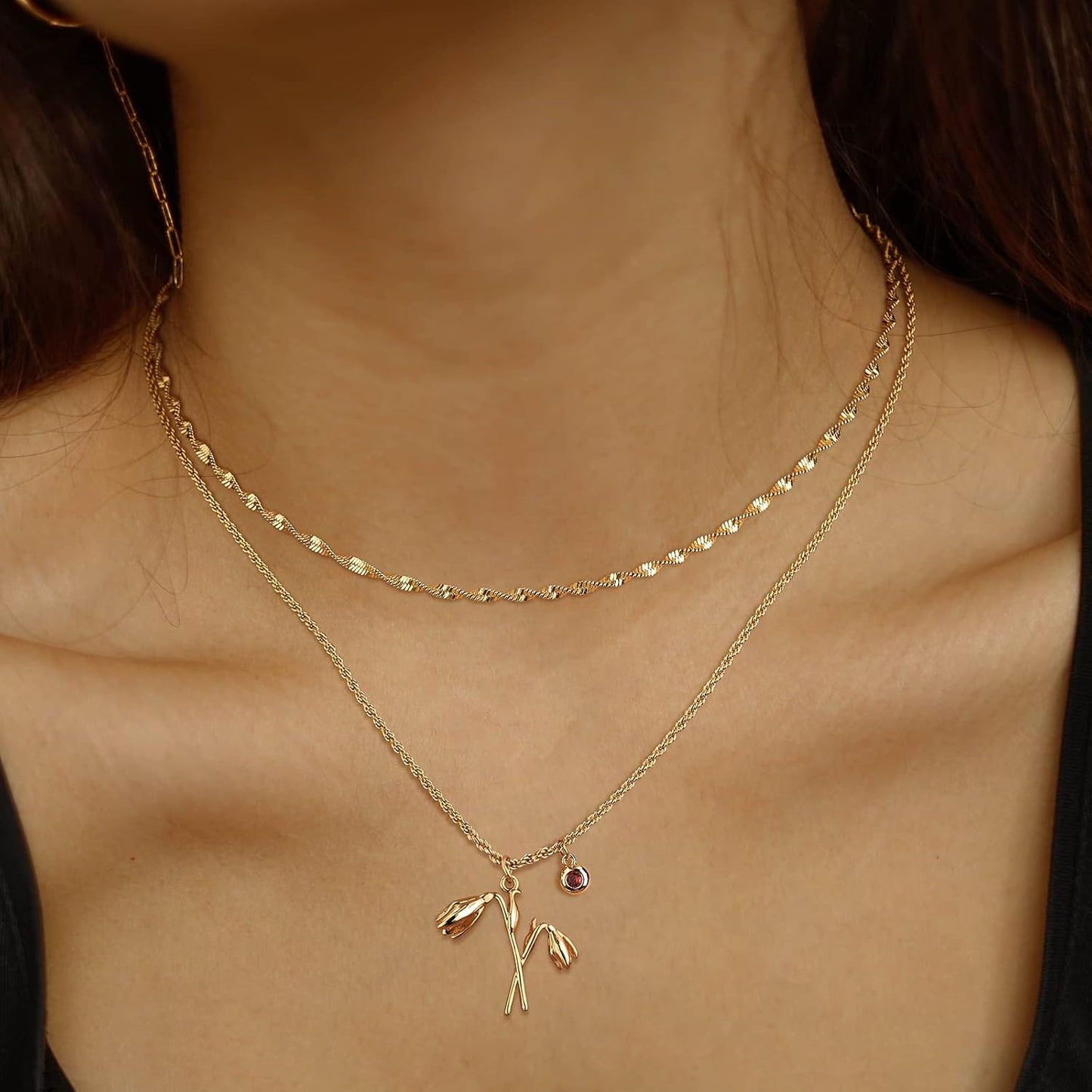 Birth Flower Necklaces for Women 18K Gold Plated Dainty Layered Birth Month Flower with Birthstone Pendant  Personalized Custom Floral Jewelry