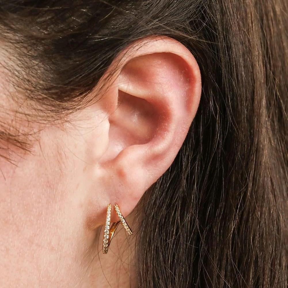 14K Gold Plated Triple Huggie Illusion Stud Earrings | Double Huggie Hoop Earrings for One Hole | Gold Hoop Earrings for Women