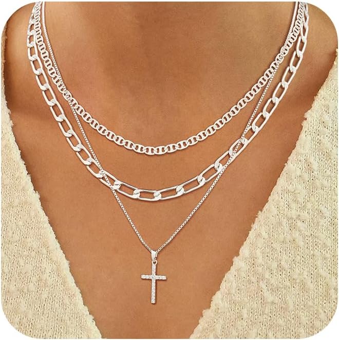 14K Gold/Silver Plated Layered Necklace Set - Cross/Coin/Pearl/Herringbone Stackable Gift