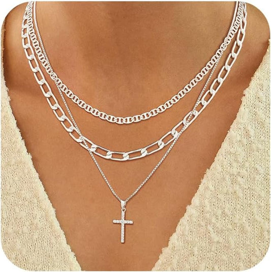 14K Gold/Silver Plated Layered Necklace Set - Cross/Coin/Pearl/Herringbone Stackable Gift