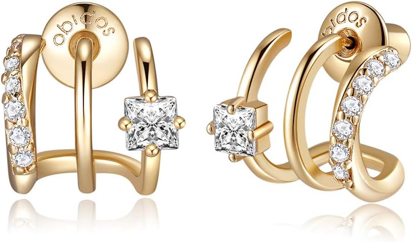 14K Gold Plated Triple Huggie Illusion Stud Earrings | Double Huggie Hoop Earrings for One Hole | Gold Hoop Earrings for Women