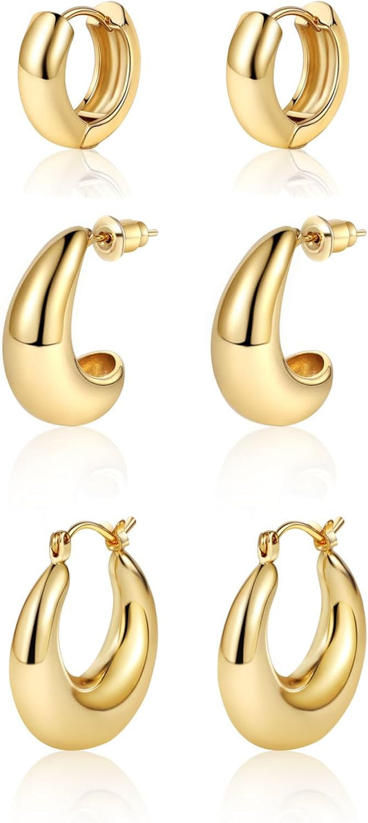 Gold Chunky Hoop Earrings Set for Women, 14K Gold Plated Twisted Huggie Hoop Earring Thick Open Lightweight Chunky Hoop