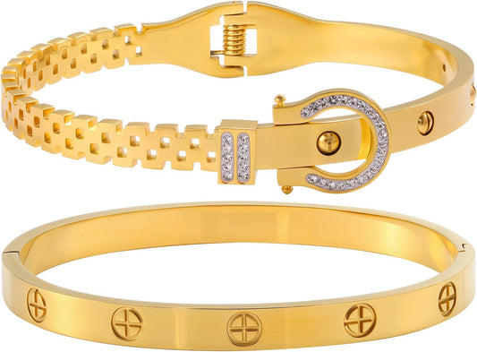 2PCS Gold Bracelets for Women Friendship & Love Theme Crystal Bangle Set Stainless Steel Non Tarnish Jewelry