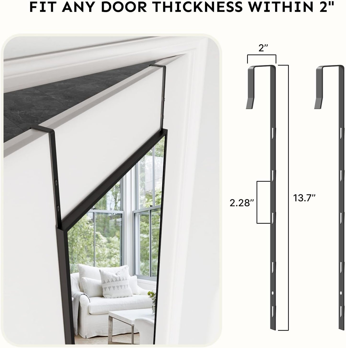 48x14 Inch Full Length Tempered Glass Door Mirror - Over The Door Hanging, No Drill Installation