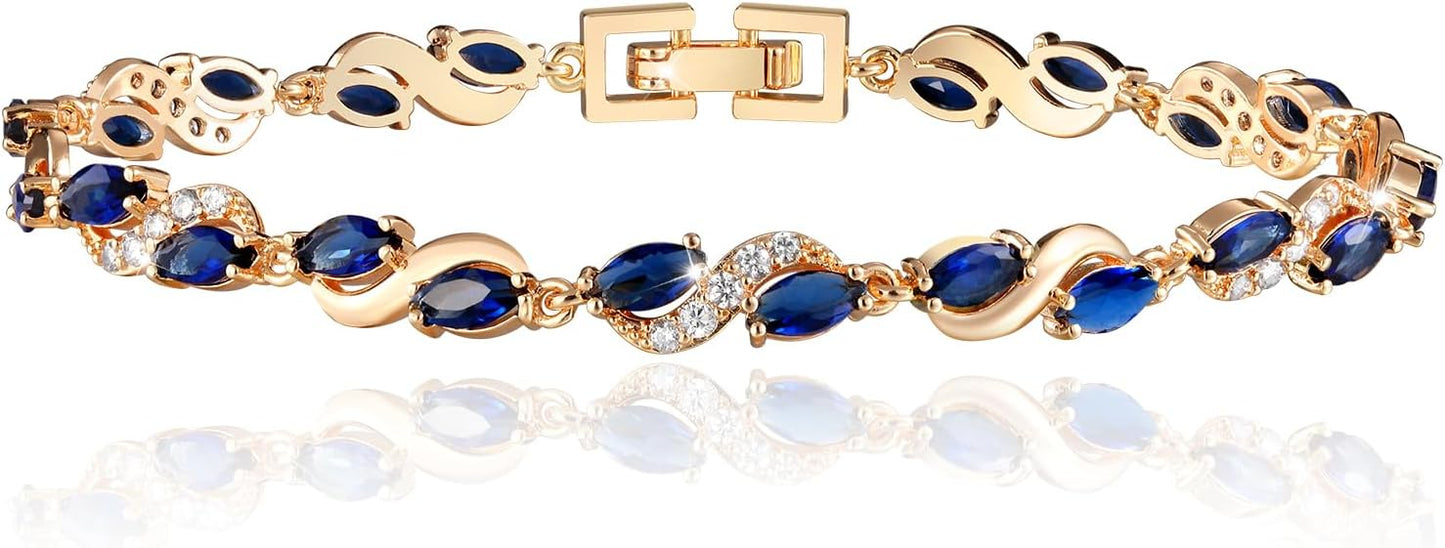 Eternity Bracelet Blue Cubic Zirconia, Sapphire Bracelet, 18K Gold Plated Hypoallergenic Bracelets -7.48inch/190mm