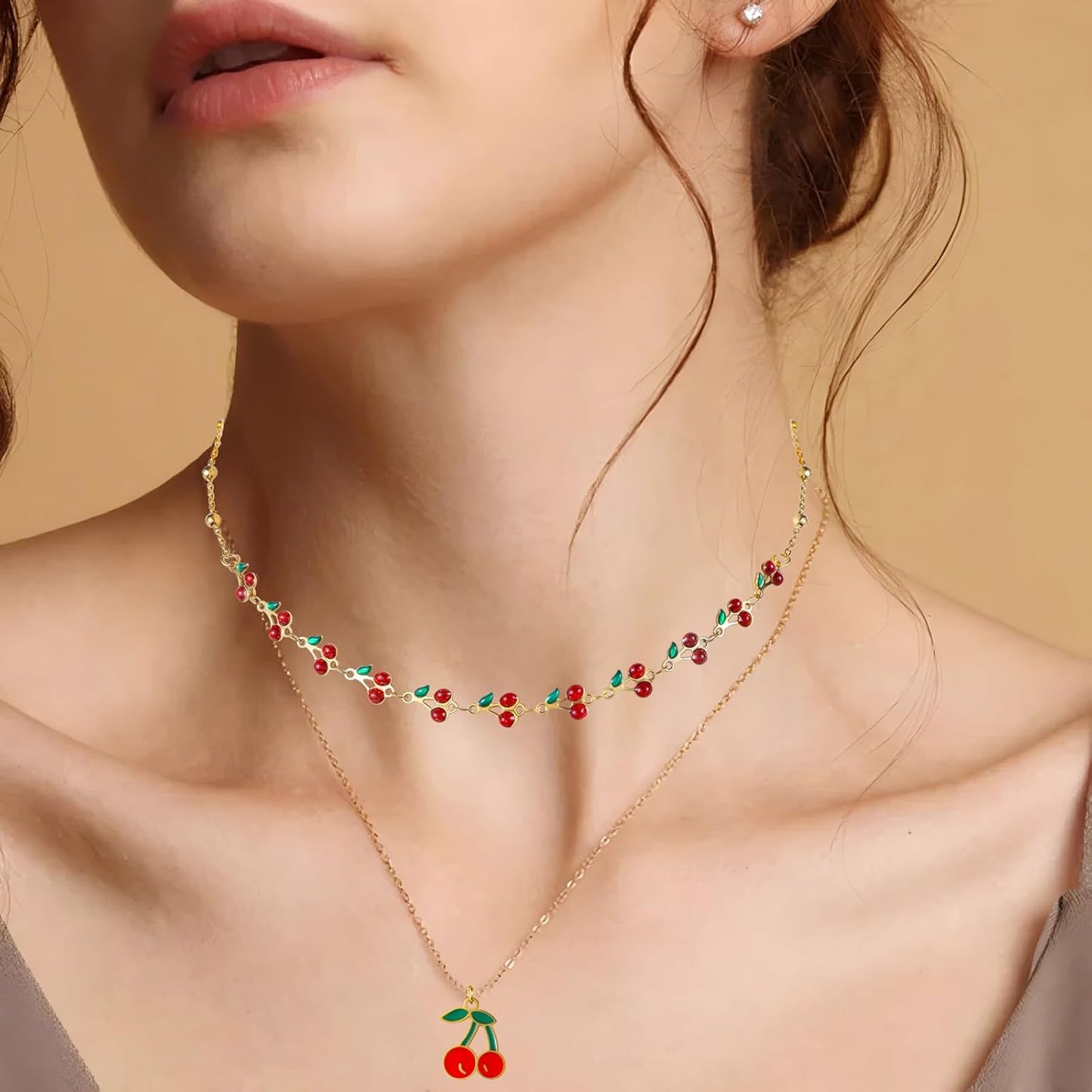Cherry Necklace for Women 2PCs 14K Gold Plated Layered Dainty Pendant Cute Summer Fruit Jewelry Accessories