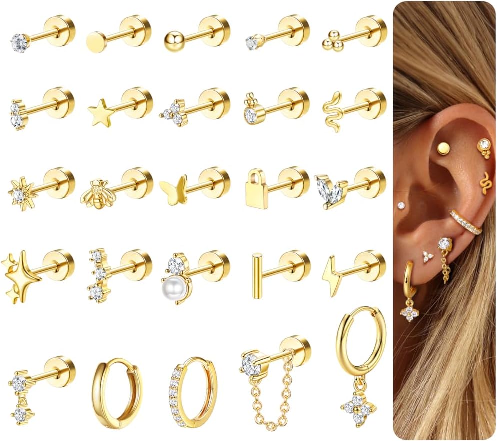 25 Pcs Hypoallergenic Earrings for Sensitive Ears Surgical Stainless Steel Earrings for Women Dainty Flat Back Earring Studs Hoop