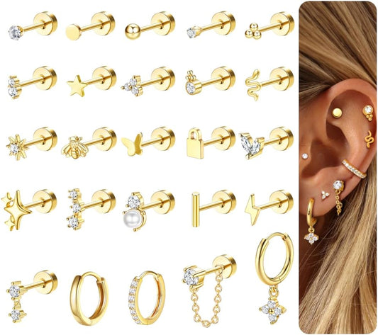 25 Pcs Hypoallergenic Earrings for Sensitive Ears Surgical Stainless Steel Earrings for Women Dainty Flat Back Earring Studs Hoop