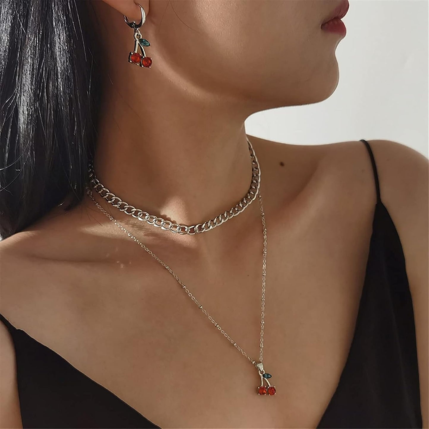 Personalized Red Crystal Cherry Fruit Earring for Women  Cute Tropical Fruit Basket Choker Sweet Shining Green Leaf Ruby Red Cherry Stud Earrings