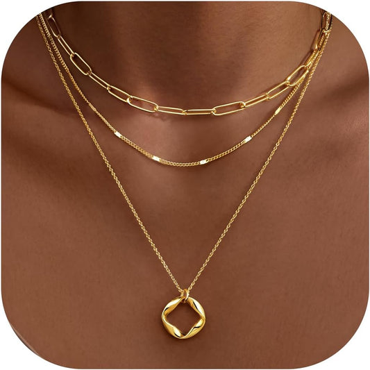 14K Gold Layered Necklace Set – Stackable Paperclip & Circle Pendant Choker for Women