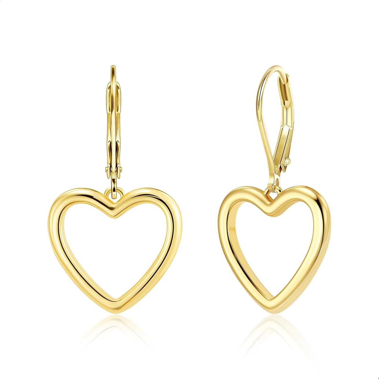 Sterling Silver Heart Earrings for Women 14K Gold Plated Openwork Love Heart Dangle Earrings Drop Leverback Huggie Hoop