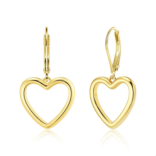 Sterling Silver Heart Earrings for Women 14K Gold Plated Openwork Love Heart Dangle Earrings Drop Leverback Huggie Hoop