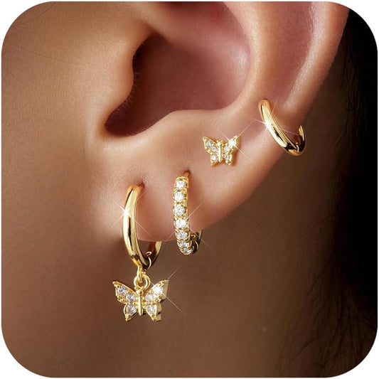 Small Gold Huggie Hoop Earrings Set for Women Men Hypoallergenic 14K Plated Stack Cartilage Earrings, Multiple Piercing