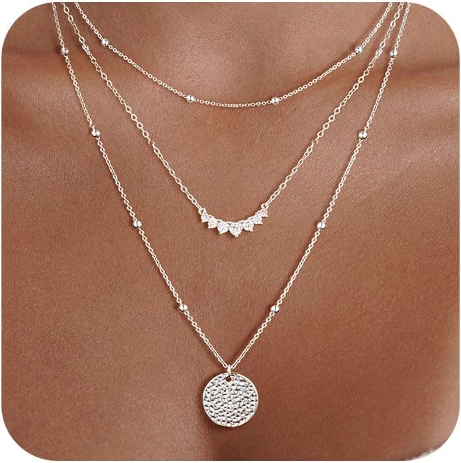 "Layered Sterling Silver Necklace Set for Women, 14K Gold Plated Stackable Choker with Disc Pendant, Dainty Trendy Jewelry"