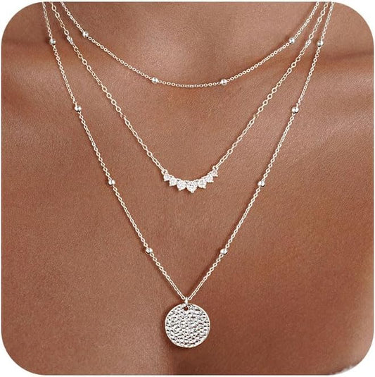 "Layered Sterling Silver Necklace Set for Women, 14K Gold Plated Stackable Choker with Disc Pendant, Dainty Trendy Jewelry"