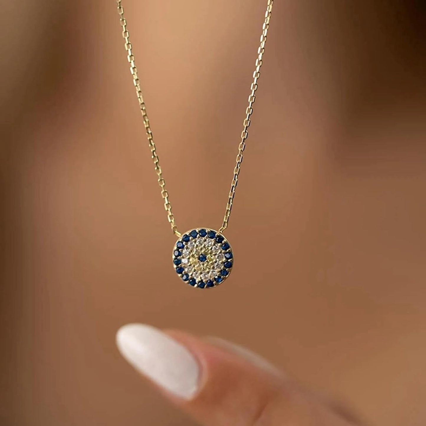 Evil Eye Necklace: 14K Gold Plated Blue CZ Diamond Boho Pendant for Women, Protection Gift