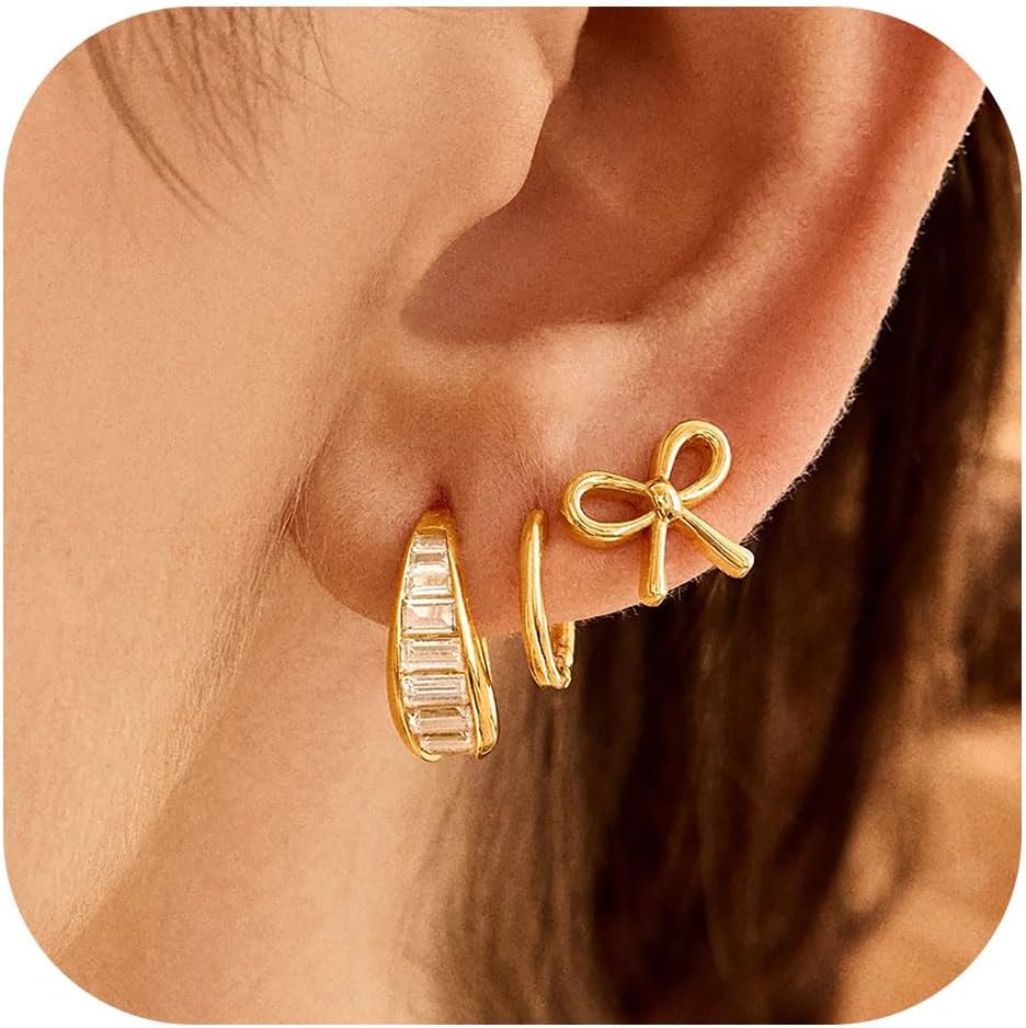 Gold Earrings for Women, 14k Gold Plated Dangle Huggie Earrings for Women Trendy Dainty Gold Hoop Earring Stacks