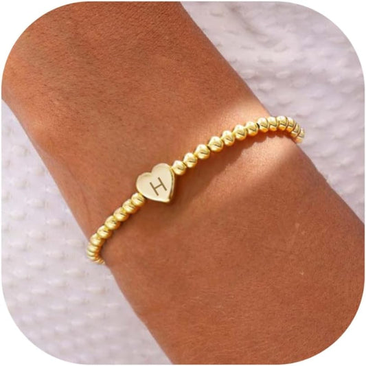 Beaded Bracelets for Women Dainty Heart Initial Bracelet Letter A-Z Charm Bracelet for Women Stretch