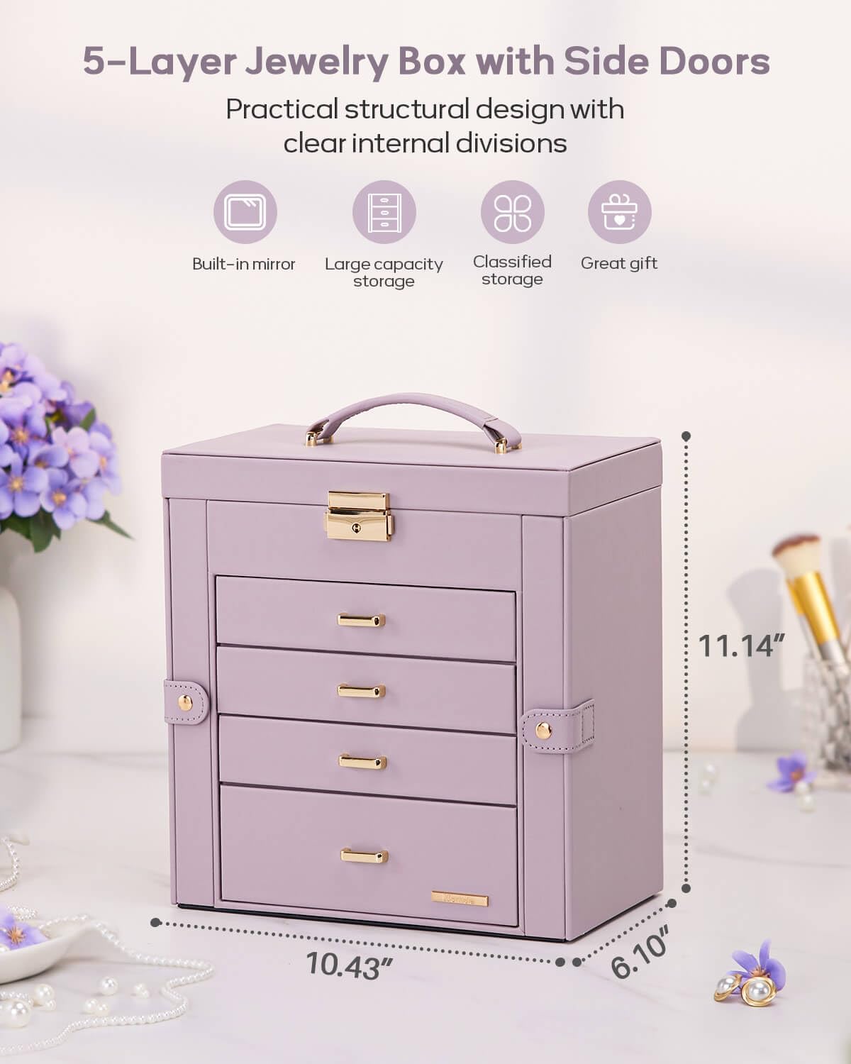 Synthetic Leather Huge Jewelry Box Mirrored Watch Organizer Necklace Ring Earring Storage Lockable