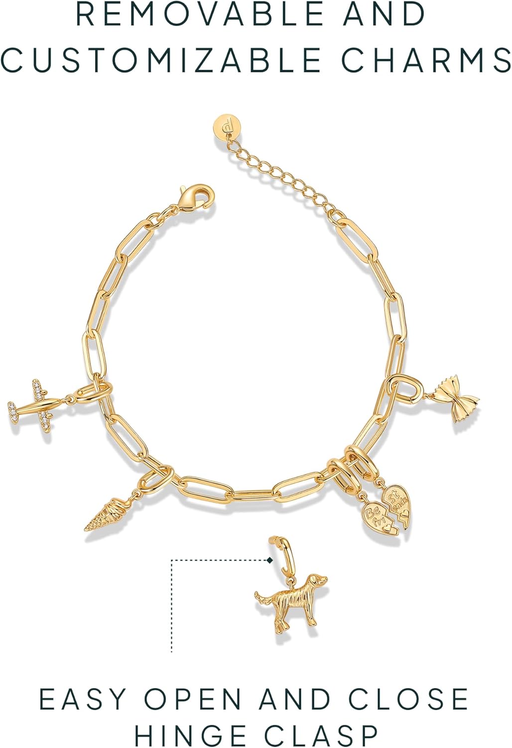 14K Gold Plated Adjustable Bracelet for Women | Twisted Bar & Paperclip Charm Chain Bracelets with Moon, Evil Eye