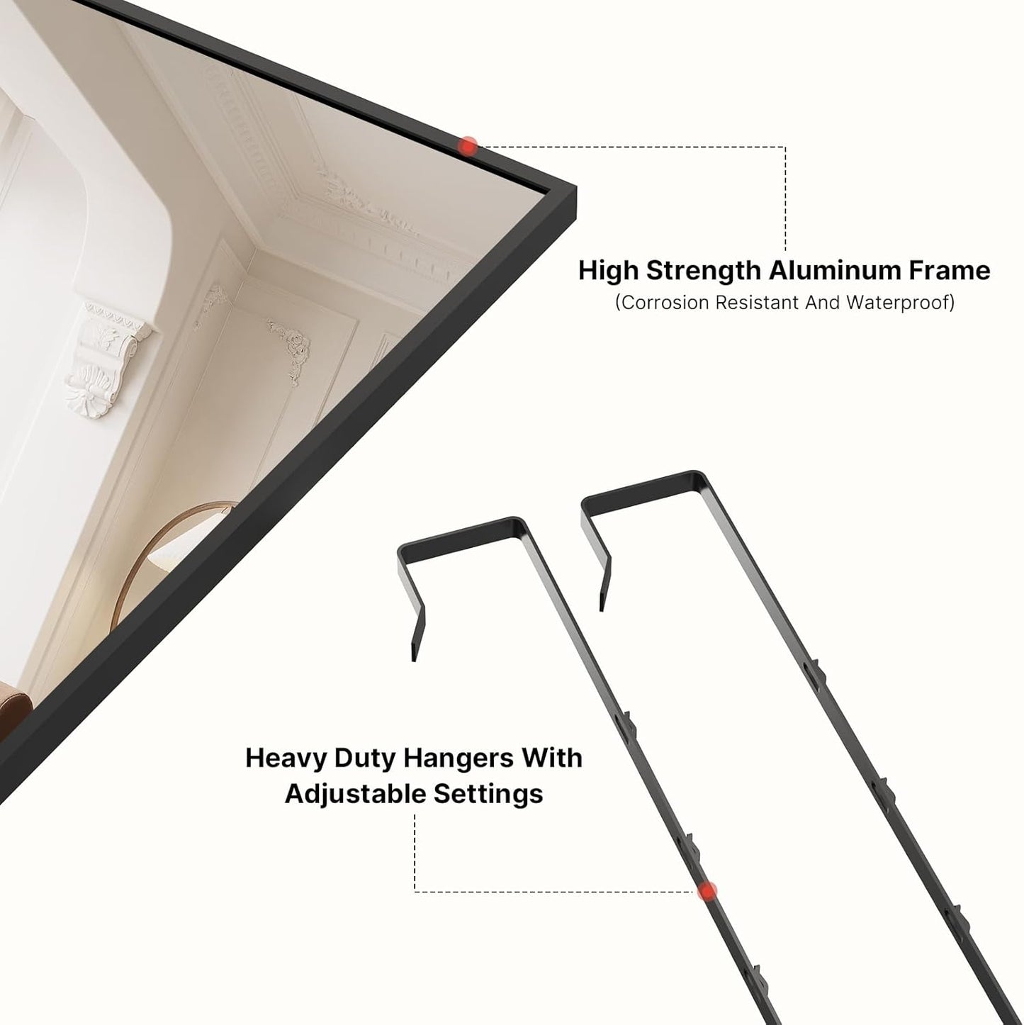 48x14 Inch Full Length Tempered Glass Door Mirror - Over The Door Hanging, No Drill Installation