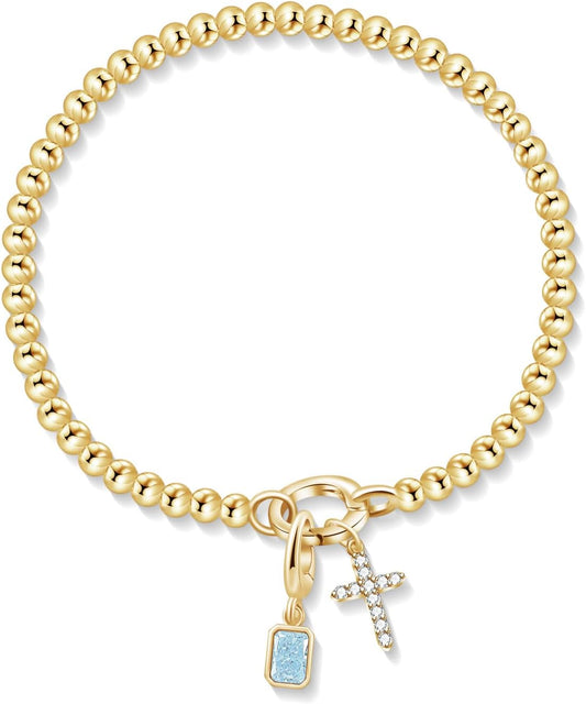 Free bird Cross Birthstone Bracelet | Dainty 14K Gold Plated Cross Charm Bracelet | Stretchable Elastic Gold Beaded Bracelet