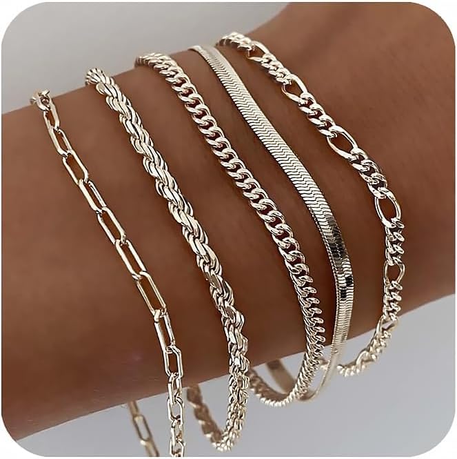 Gold Bracelets for Women Waterproof, 14K Real Gold Jewelry Sets Trendy Thin Dainty Stackable Cuban Link Paperclip