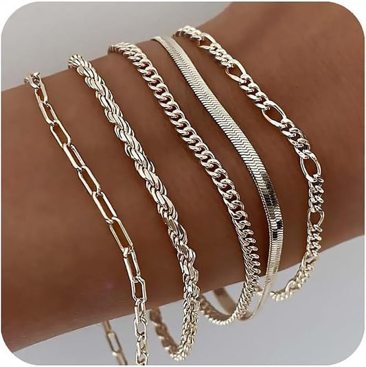 Gold Bracelets for Women Waterproof, 14K Real Gold Jewelry Sets Trendy Thin Dainty Stackable Cuban Link Paperclip
