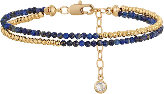 Women Beaded Bracelet Gold Double Layer Gemstone 14K Simple Dainty Handmade Chain Everyday Boho Beach Jewelry