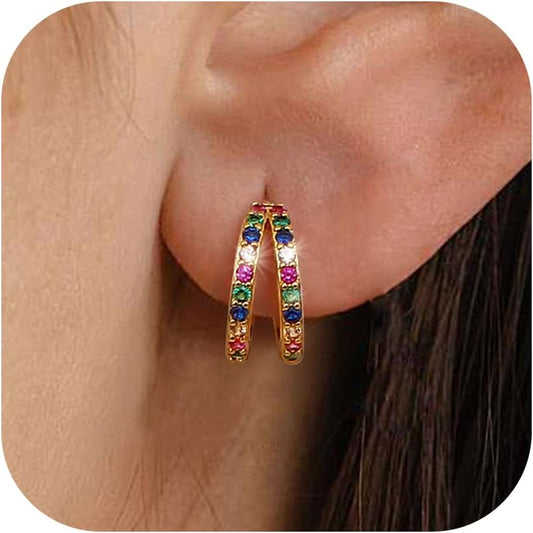 3Pairs 925 Sterling Silver, 14K Gold Plated Small Huggie Hoop Earrings Sets for Multiple Piercing CZ Cartilage Earrings Stacks