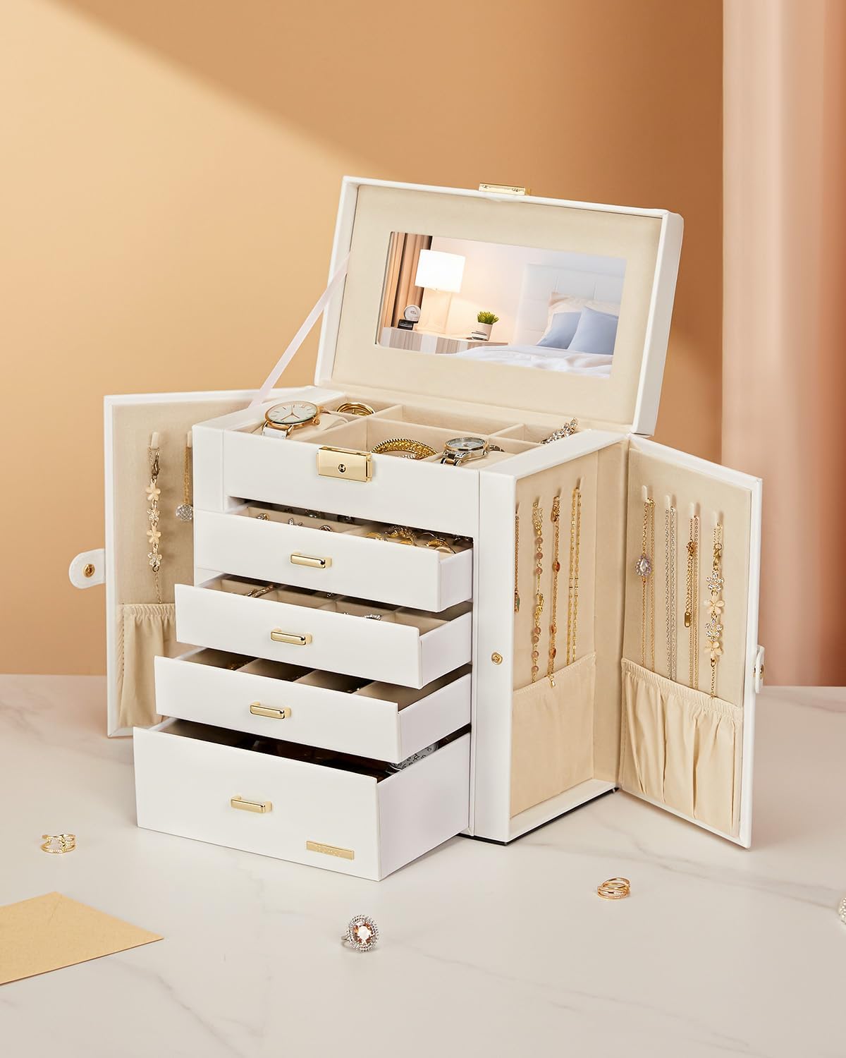 Synthetic Leather Huge Jewelry Box Mirrored Watch Organizer Necklace Ring Earring Storage Lockable