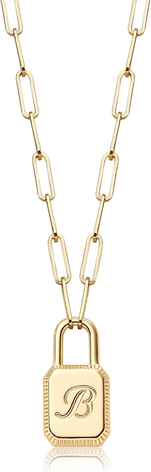 Lock Necklace, 14K Gold Plated Adjustable Paperclip Chain Dainty Lock Pendant Necklace Personalized Engraved Letter Jewelry for Women