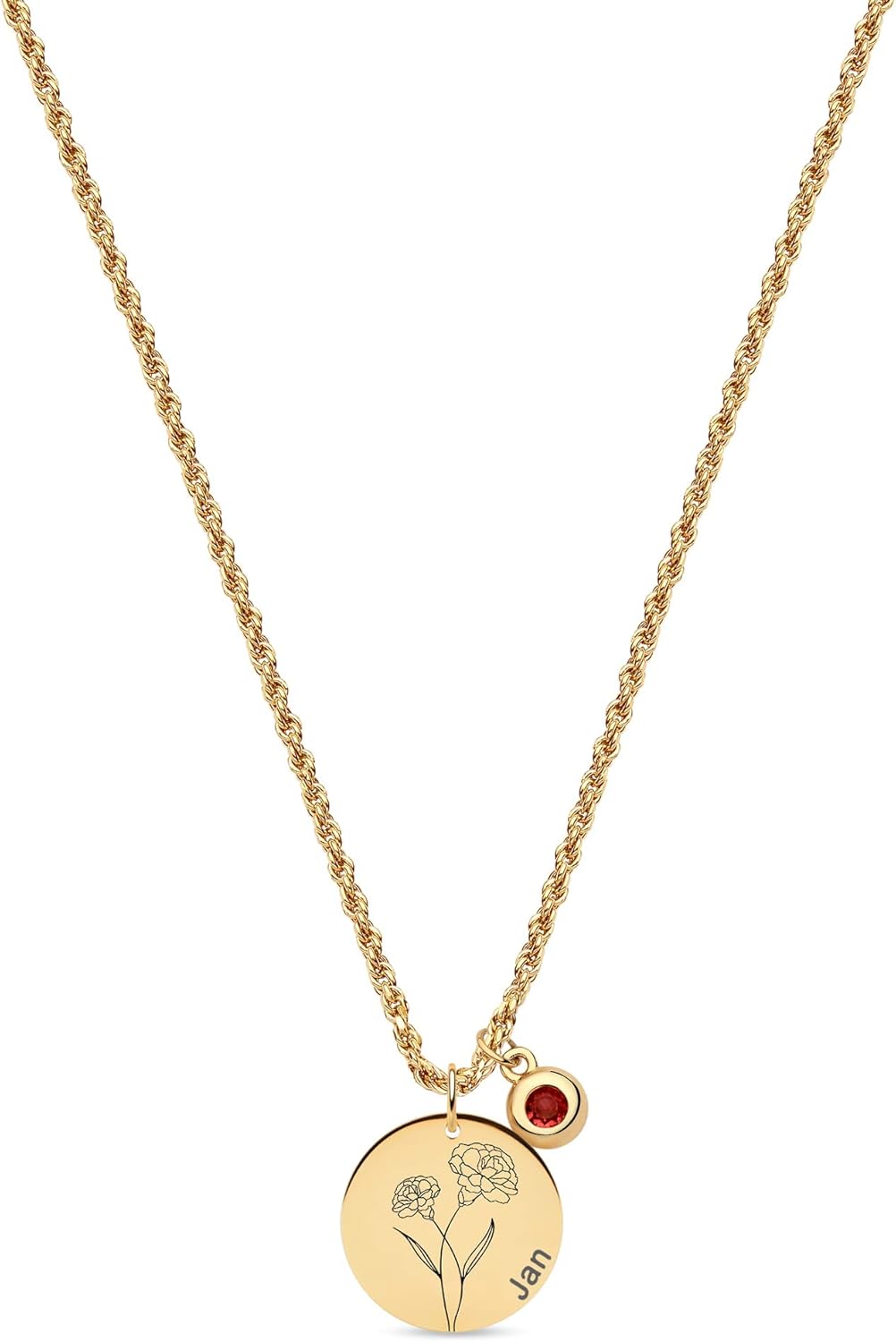 18K Gold Carnation Birth Flower Necklace – Dainty 2MM Twist Chain with Birthstone Pendant