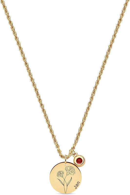 18K Gold Carnation Birth Flower Necklace – Dainty 2MM Twist Chain with Birthstone Pendant