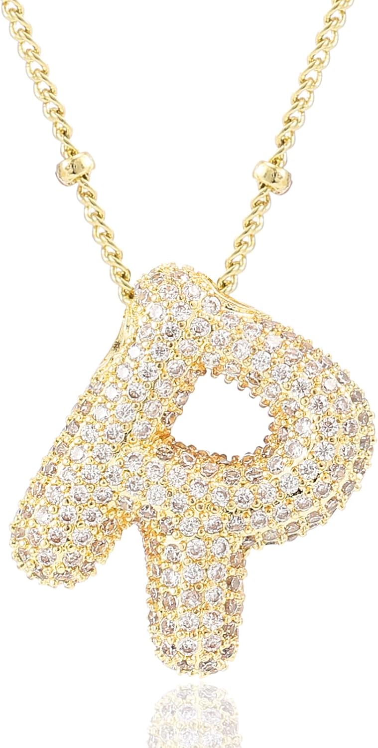Personalized Chunky Initial Necklace: 14K Gold Plated Bubble Balloon Charm Pendant for Women