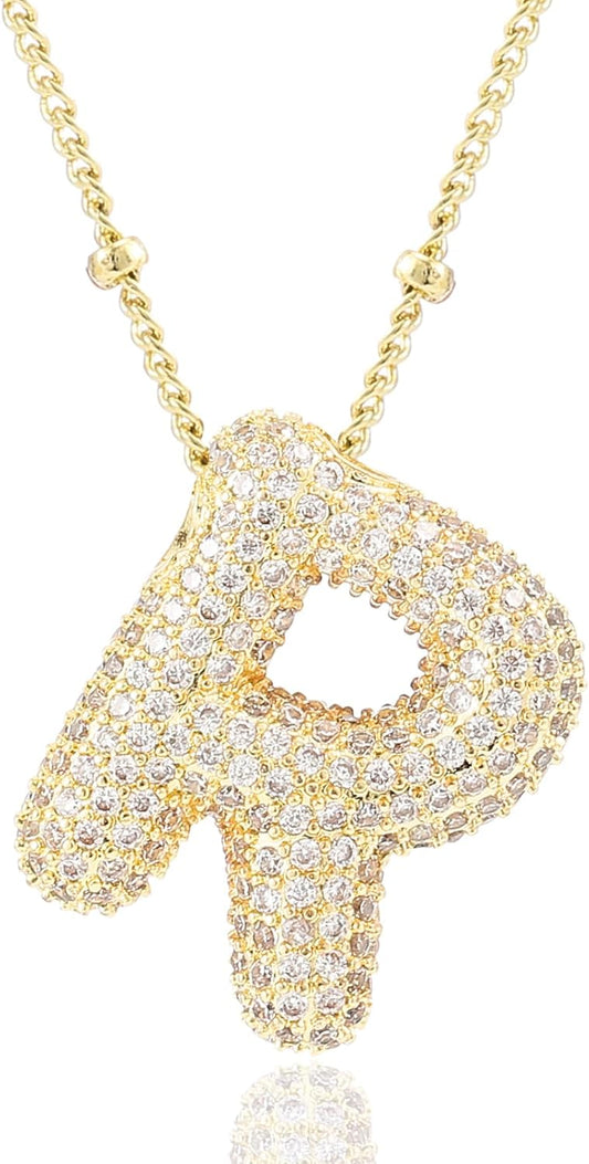 Personalized Chunky Initial Necklace: 14K Gold Plated Bubble Balloon Charm Pendant for Women