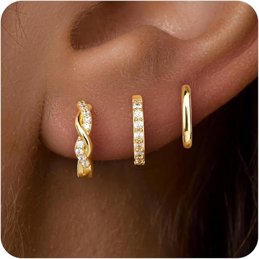 Inerney Gold Huggie Hoop Earrings Set for Women, Dainty Small Sterling Silver Earring Stacks Hypoallergenic Jewelry for Multiple Piercings
