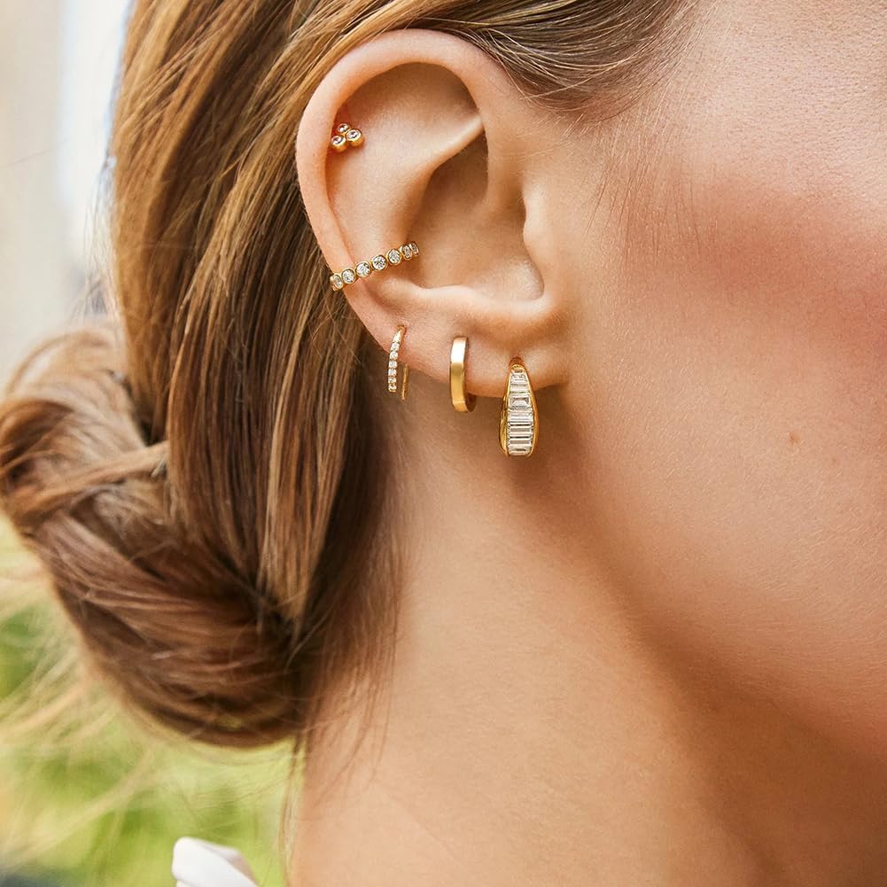 14K Gold Plated Triple Huggie Illusion Stud Earrings | Double Huggie Hoop Earrings for One Hole | Gold Hoop Earrings for Women