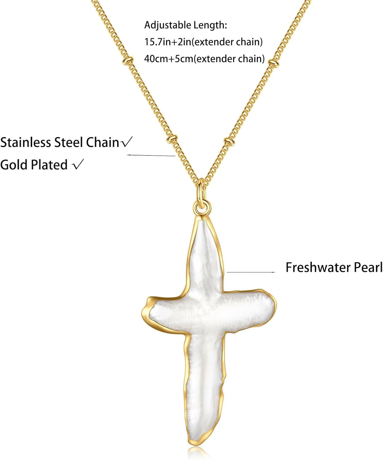 Freshwater Baroque Pearl & Gold Cross Necklace - Chunky Statement Sideways Pendant for Women/Men, Natural Christian Religious Gift