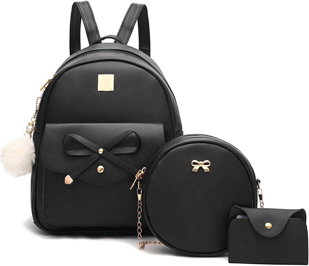 3-Pieces Girls Bowknot Fahsion Leather Backpack Backpack Purse for Women Rucksack