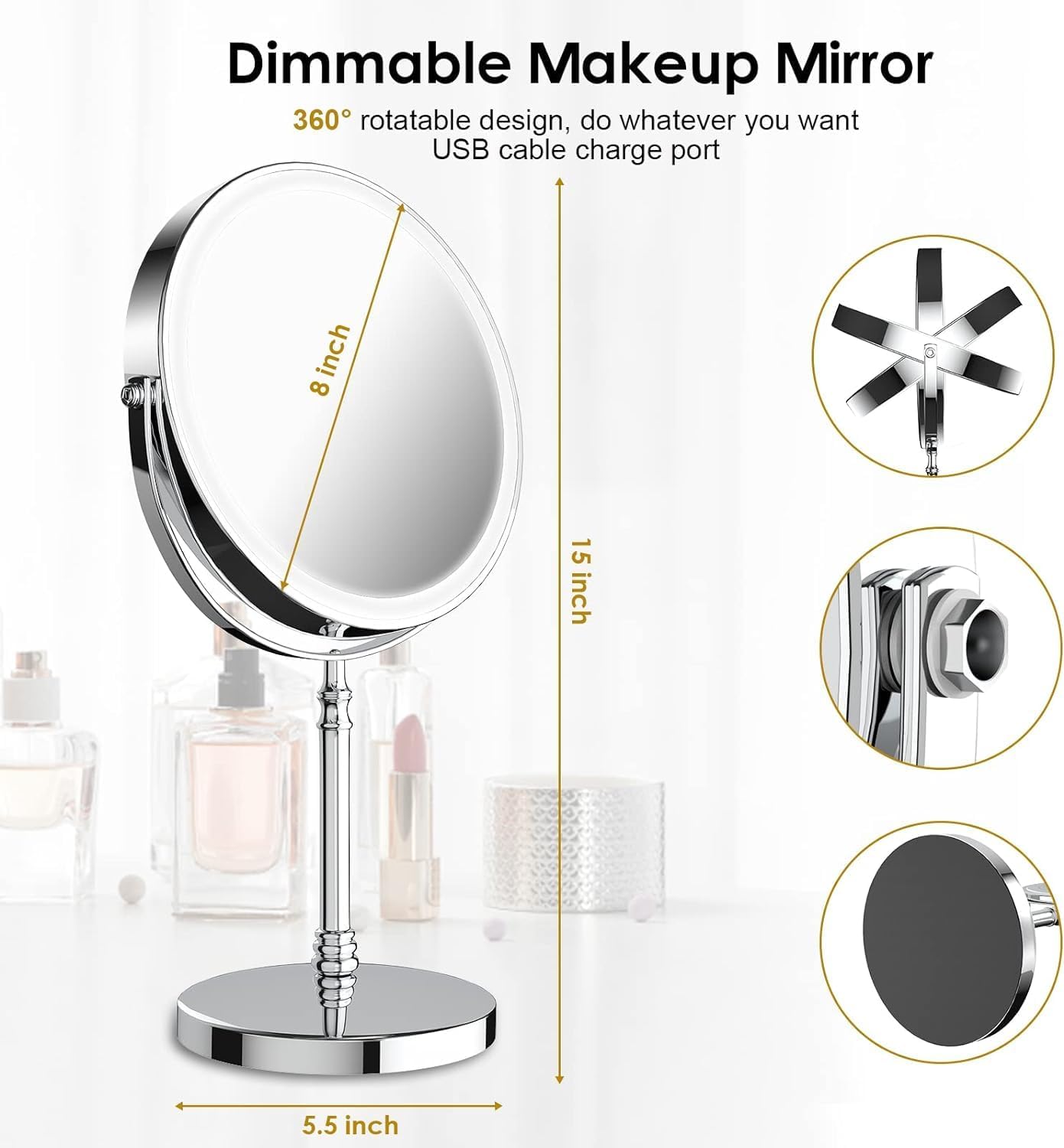Lighted Makeup Mirror, 3000 mAh Rechargeable Double Sided Magnifying Vanity Mirror with 3 Colors, 1x/10x, 360° Rotation