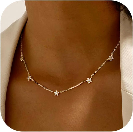 14K Gold Plated Charm Choker Necklace with Pearl & Clover, Cubic Zirconia Dainty Trendy Jewelry Gift for Women