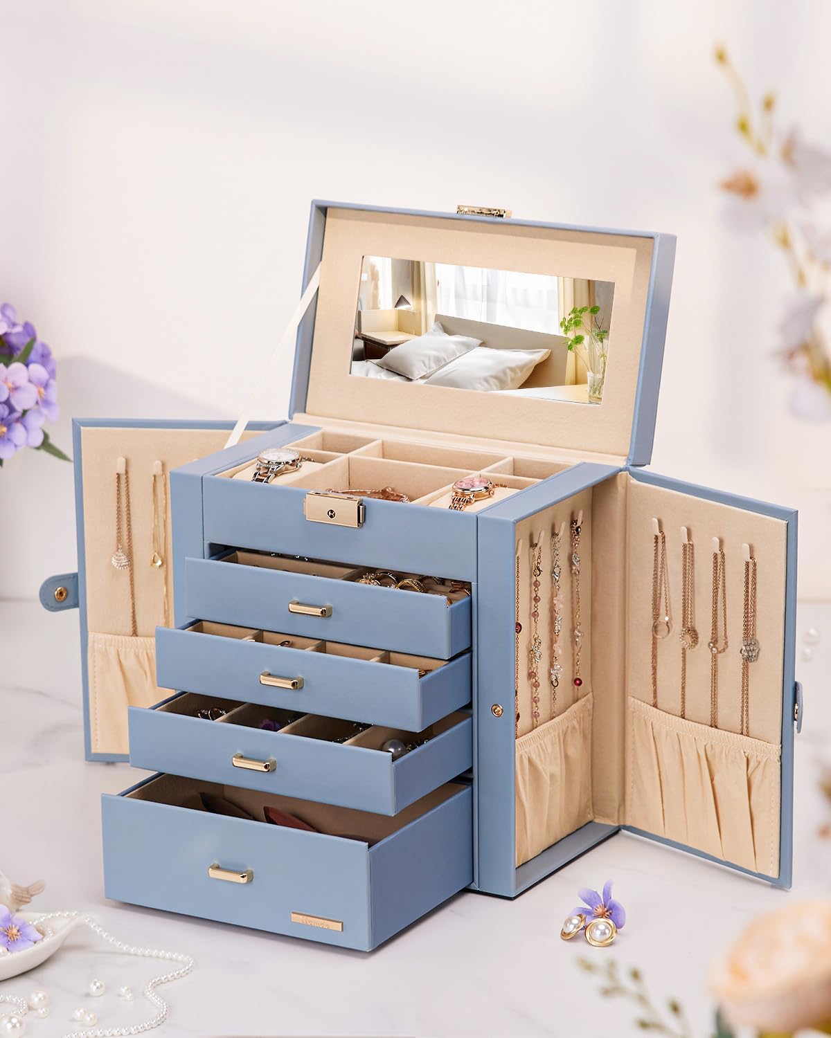 Synthetic Leather Huge Jewelry Box Mirrored Watch Organizer Necklace Ring Earring Storage Lockable