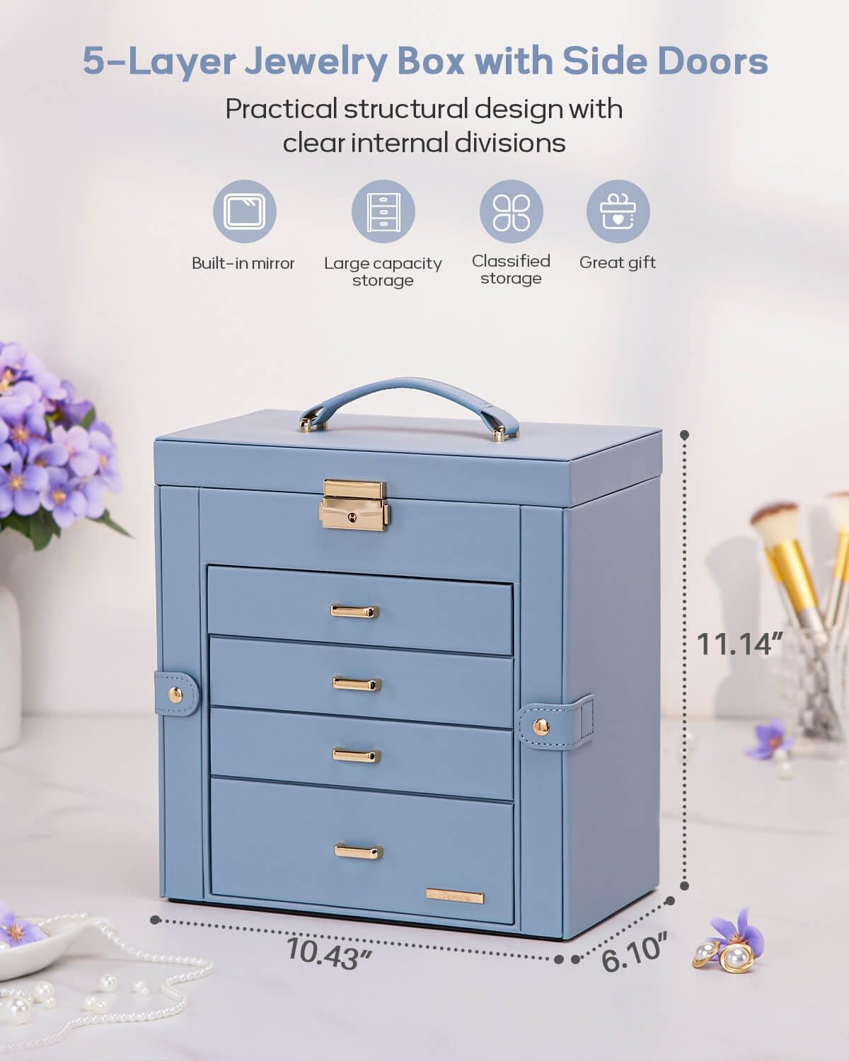 Synthetic Leather Huge Jewelry Box Mirrored Watch Organizer Necklace Ring Earring Storage Lockable