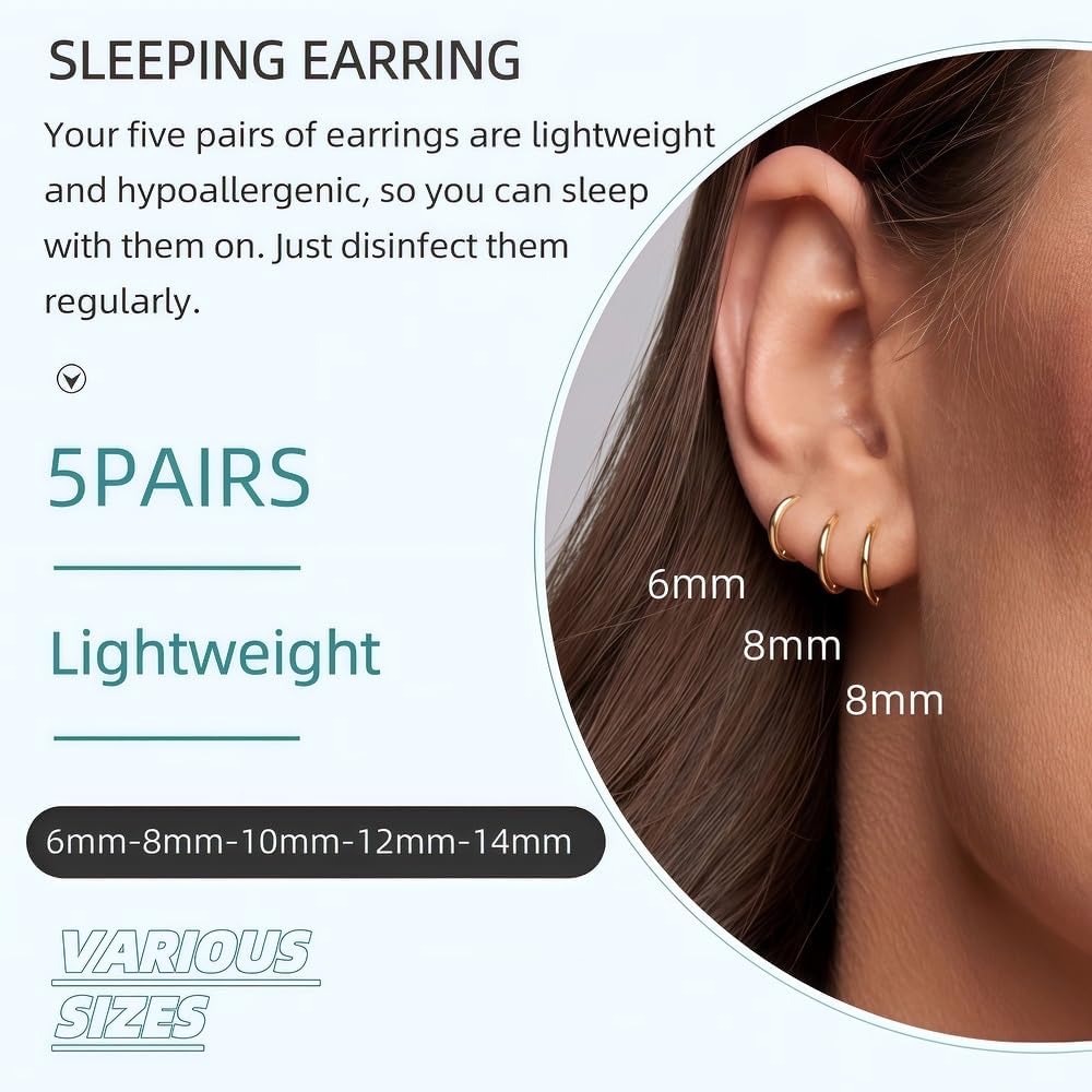 5 Pairs 14K Gold Plated Huggie Hoop Earrings for Women - Lightweight Minimalist Small Hoops,  Sensitive Ears, Multiple Piercing Stack Set