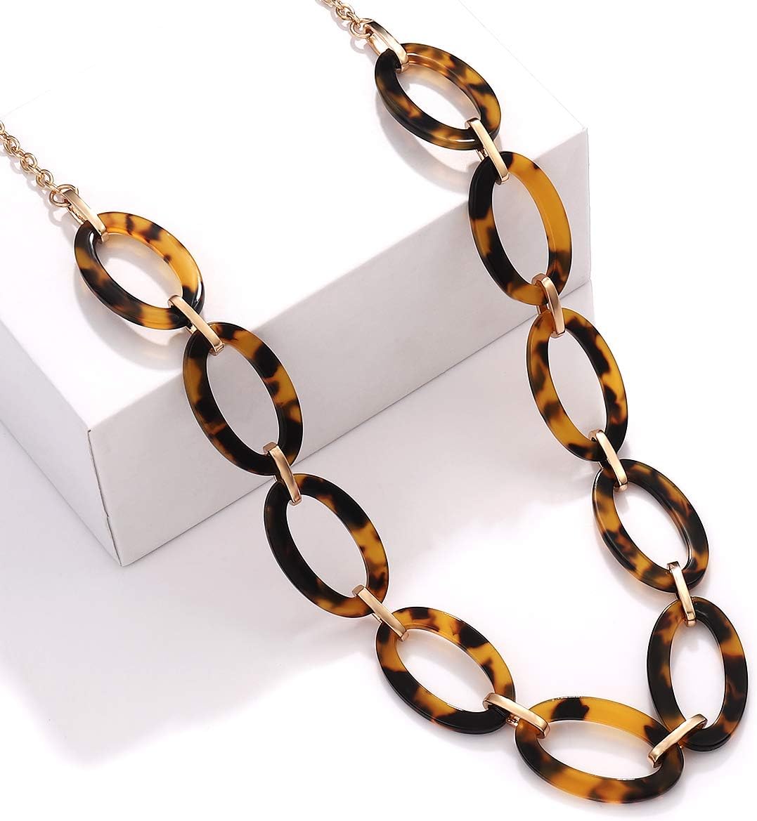 for Women: Leopard & Tortoise Print Acetate Collar Necklace with Metal Oval Resin Chain