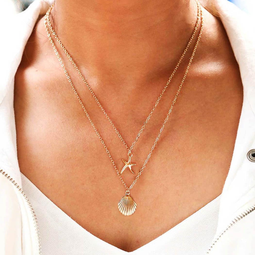 Boho Starfish & Seashell Necklace for Women - Adjustable Layered Beach Chain