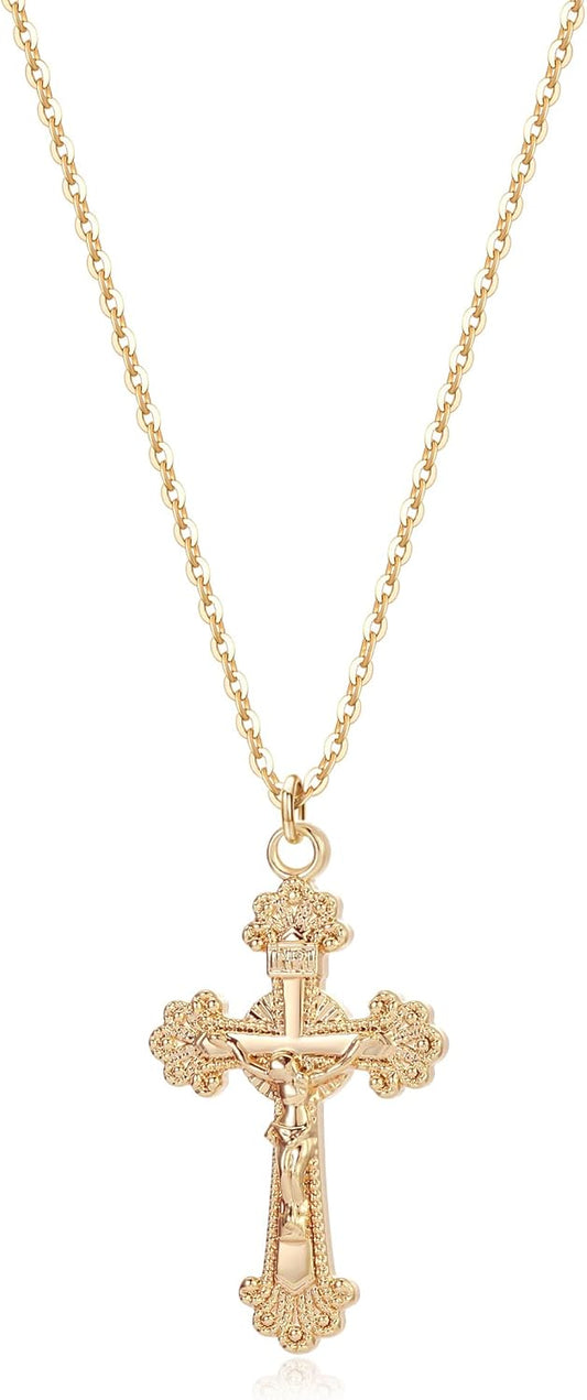 "14K Gold Plated Cross Necklace, Dainty Minimalist Faith Pendant with Prayer Chain, Tiny Religious Jewelry for Women & Men"