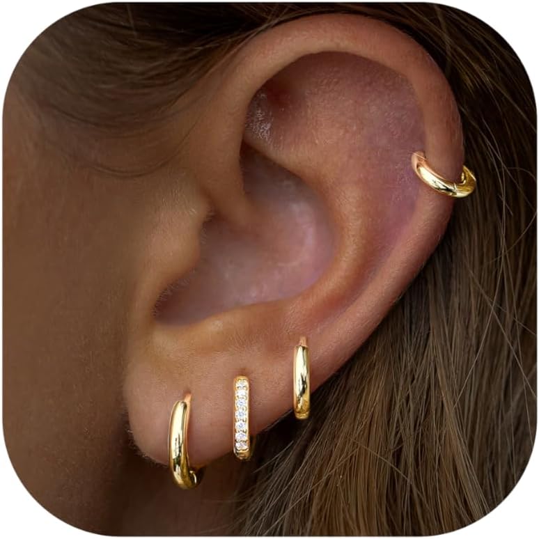 Small Gold Huggie Hoop Earrings Set for Women Men Hypoallergenic 14K Plated Stack Cartilage Earrings, Multiple Piercing